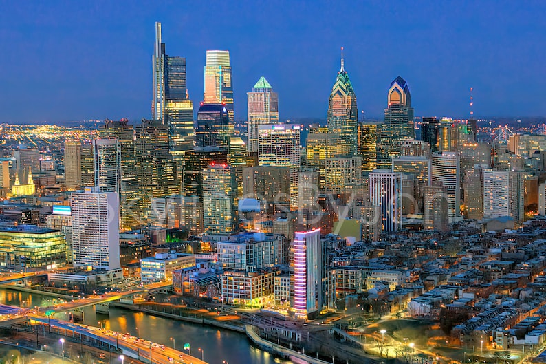 Philadelphia Philly 2019 Skyline NIGHT Photo Poster Cityscape Downtown Print Aerial Color
