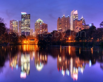 Atlanta Skyline at DUSK Color or BW Midtown Panoramic Photo Poster Cityscape Print