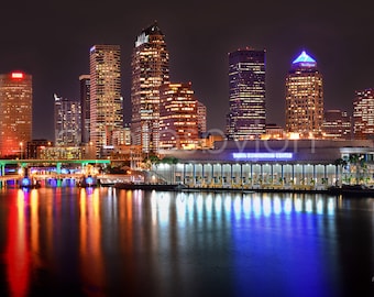 CANVAS Tampa Skyline at NIGHT Panoramic Photo Cityscape Print