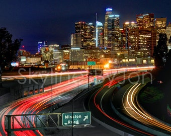 Los Angeles Skyline NIGHT from East LA Downtown Photo Poster Cityscape Canvas - car light trails