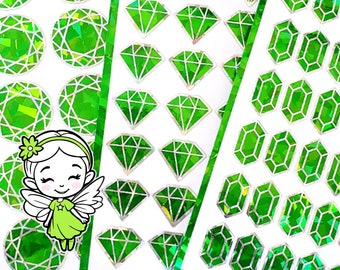 Green Diamond Sticker Bundle, set of 96 sparkly green peridot birthstone stickers for August birthday, Virgo zodiac gift, Free shipping.