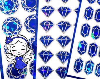 Blue Diamond Sticker Bundle, set of 96 sparkly faux sapphire birthstone stickers for September birthday, Virgo zodiac gift, Free shipping.