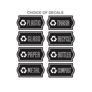 Recycle Decals, computer cut recycling labels, trash recycle plastic glass paper metal bottles, recycling tote decals, ONE DECAL