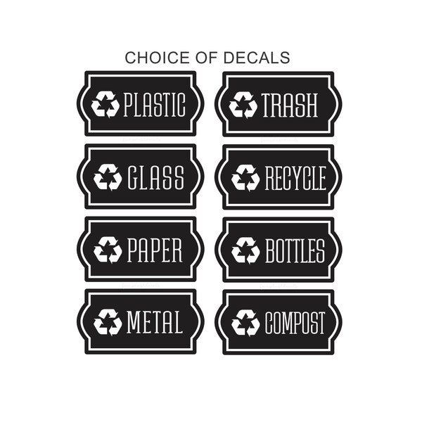 Recycle Decals, computer cut recycling labels, trash recycle plastic glass paper metal bottles, recycling tote decals, ONE DECAL
