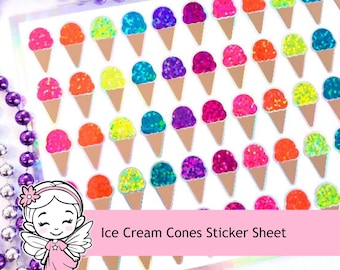 Rainbow Ice Cream Cone Stickers, Sparkly Decals, Set of 60