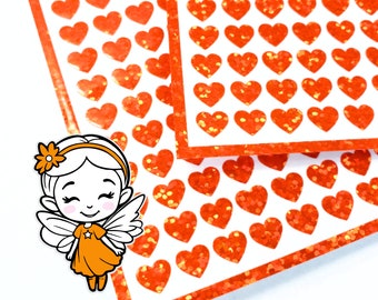 Orange Hearts Stickers, set of 285 small sparkly orange glitter heart vinyl decals for journals, scrapbook pages and crafts. Sticker Gift.