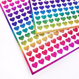 Rainbow Heart Stickers, set of 285 small sparkly rainbow heart vinyl decals for reward charts, journals, planners, notes and stationery.