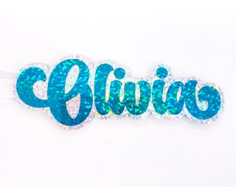 Personalized First Name Glitter Sticker, script style custom name decal for water bottles, laptops, journals, mugs and tumbler cups.