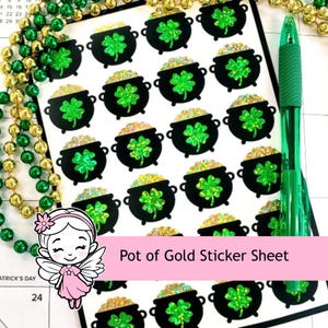 Pot of Gold Stickers, set of 24 St. Patrick's Day vinyl glitter stickers for calendars, planners, party invitations and paper craft projects