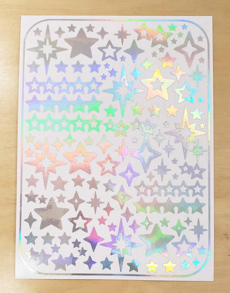 Star Stickers, set of 100 holographic toploader sticker sheets, holo deco star stickers for cardholders, envelopes, journals and photocards holographic silver