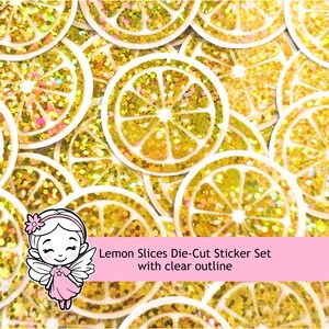 Lemon Slices Die Cut Sticker Set, Small Sparkly Citrus Fruit Stickers for Crafts, Food Journals and Planners.