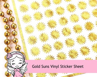 Gold Suns Sticker Sheet, set of 96 shiny golden sun vinyl stickers for daily journals, cards, notebooks, envelopes and crafts.