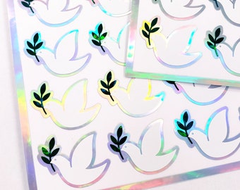 Peace Dove Sticker Sheet, set of 28 white and silver stickers for invitations, envelopes, memorial cards, planners, journals and crafts.