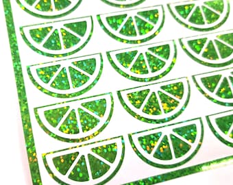Lime Wedge Sticker Sheet, set 24 green and white citrus fruit vinyl decals for glasses, tumblers, journals and planners.
