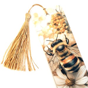 Honeybee Bookmark with Gold Tassel, double-sided printed cardstock bookmark.