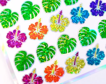 Tropical Flower Glitter Stickers, set of 20 hibiscus flower blooms and 15 monstera leaf stickers for journals, stationery, and envelopes.