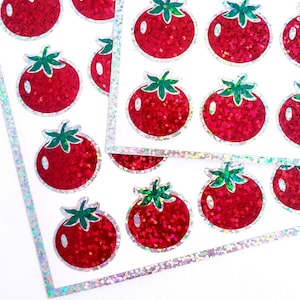 Tomato Stickers, set of 24 red and green summer vegetable stickers for garden stakes, notecards, wood signs and garden craft projects.