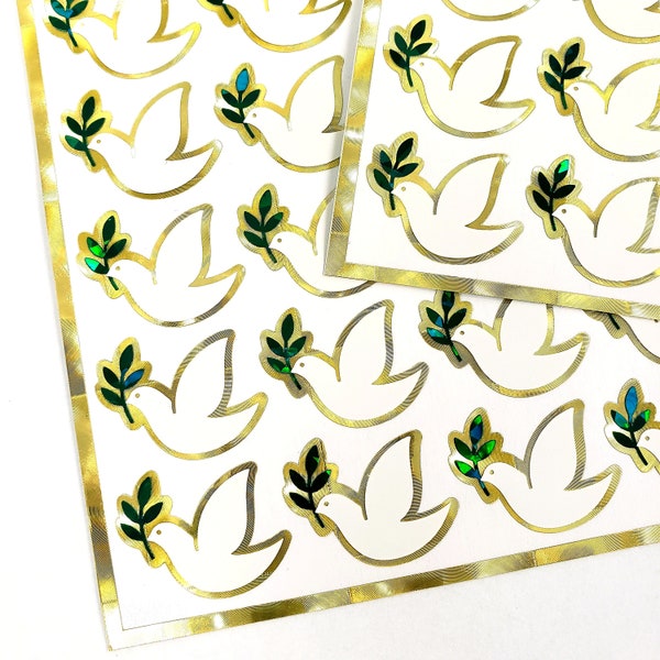 Peace Dove Stickers, set of 28 white and gold stickers for invitations, envelopes, memorial cards, planners, journals and crafts.