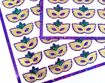 Mardi Gras Mask Stickers, set of 42 purple green and gold glitter stickers. Masquerade stickers for Louisiana Fat Tuesday themed party