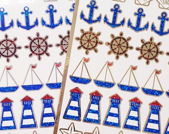 Nautical Glitter Stickers, set of 30 sailboats, anchors, lighthouses and seashells for journal, scrapbooks, beach weddings and pool party.