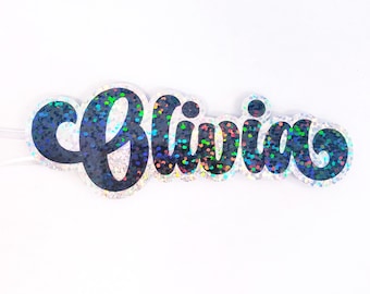 Custom Name Glitter Sticker, script style personalized first name decal for water bottles, laptops, journals, mugs and tumbler cups.