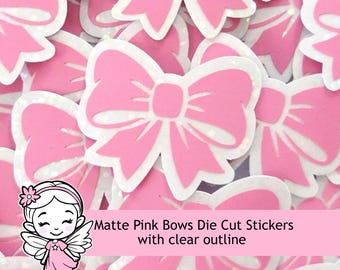 Pink Bow Stickers, Pastel Vinyl Bow Decal, clear outline