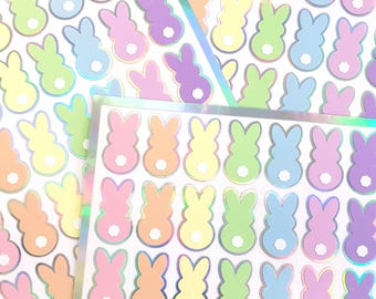 Pastel Rainbow Bunny Stickers, set of 42 Easter Rabbit stickers for spring decor, cards, gift tags and scrapbook pages. Silver outline.