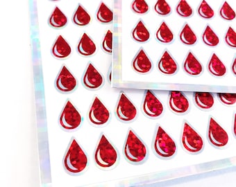 Red Blood Drop Sticker Sheet, set of 136 sparkling red vinyl decals, period tracker, give blood, calendar labels, vampire blood drop sticker