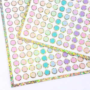 Pastel Colors Rainbow Dot Stickers, set of 368 small round multi color vinyl dot decals, one quarter inch dot stickers, gold outline.