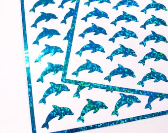 Dolphin Stickers, Set of 50 small sparkly turquoise blue dolphin vinyl decals for paper stationery, notecards, invitations and journals.