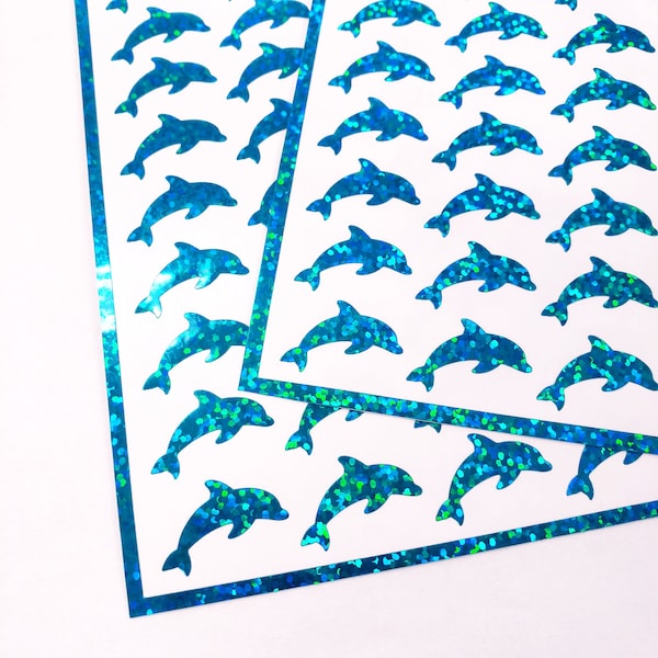 Dolphin Stickers, Set of 50 small sparkly turquoise blue dolphin vinyl decals for paper stationery, notecards, invitations and journals.