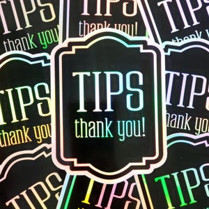 Tips Sticker, black and holographic silver tip jar vinyl decal, tips thank you sticker, barber shop hair salon waitress bartender tips label