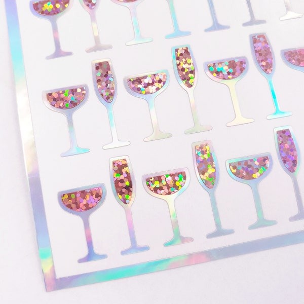 Pink Champagne Glass Stickers, set of 60 sparkling wine glitter stickers for Wedding, Anniversary and bachelorette parties.