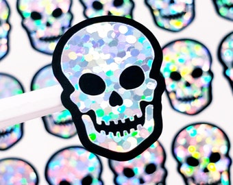 Skull Stickers, set of 35 small sparkly silver skeleton stickers for journals and scrapbook pages, spooky Halloween glitter embellishments.