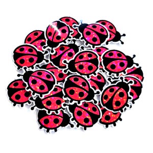 May include: A collection of ladybug-shaped embellishments. Each ladybug has a red, glittery body with black spots and a black head. The ladybugs are outlined in white.