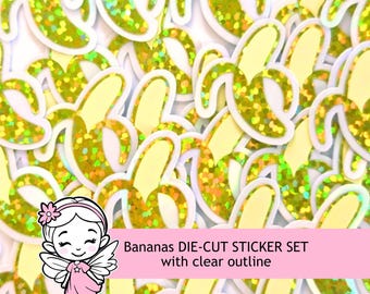 Mini Bananas Die Cut Stickers, sparkly fruit stickers for journals, scrapbooks and planners.