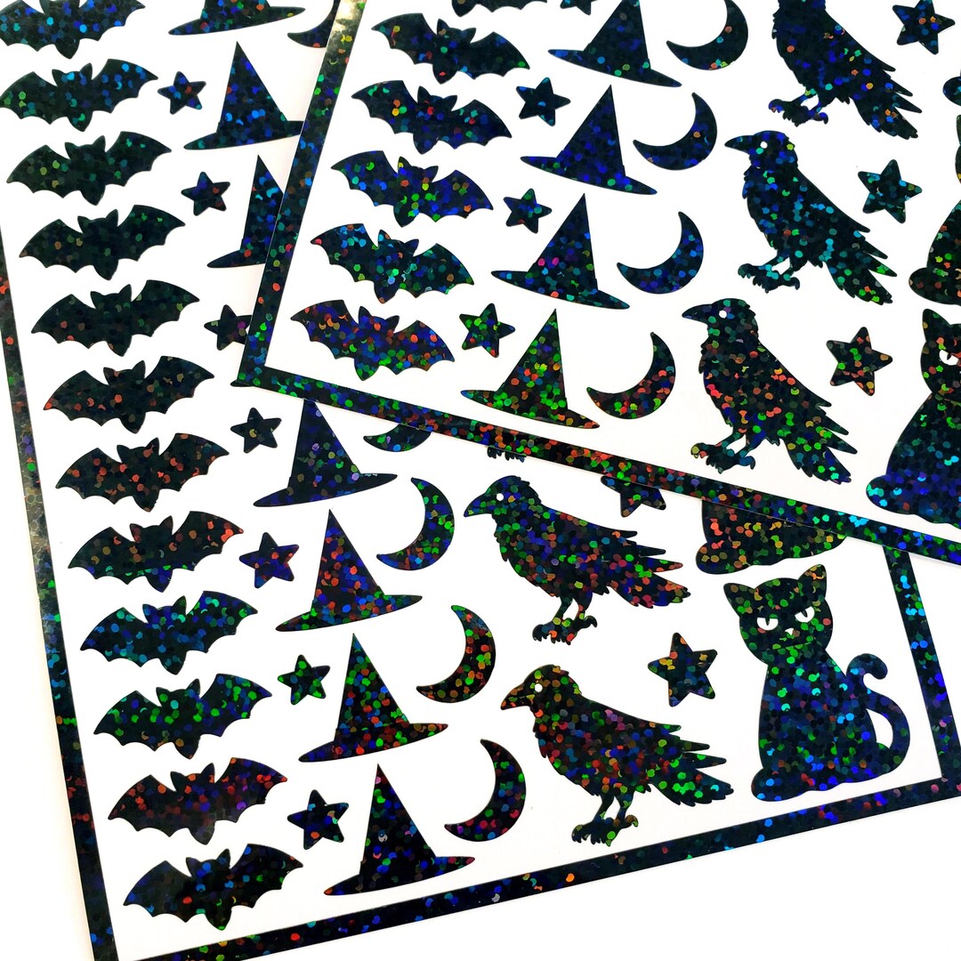 Halloween Themed Sticker Sheet, Set of 62 Black Bat Stickers, Witch ...