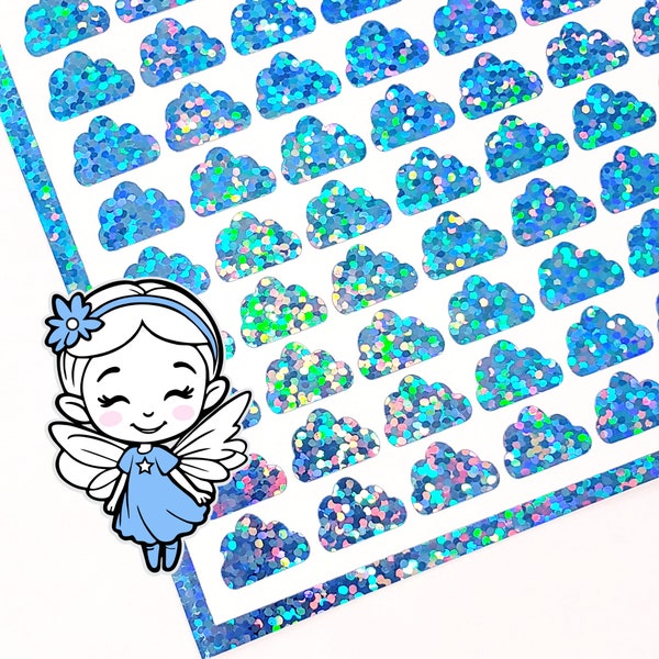 Blue Cloud Glitter Stickers, set of 100 or 250 small cloud vinyl decals, planner decal, weather tracker