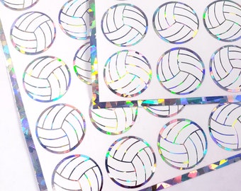 Volleyball Stickers, set of 48 white and silver glitter stickers for kids team sports, volleyball birthday party decor, waterproof.