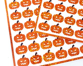 Pumpkin Stickers, set of 48 small orange glitter pumpkin vinyl decals, Halloween jack o lantern stickers for planners and crafts.