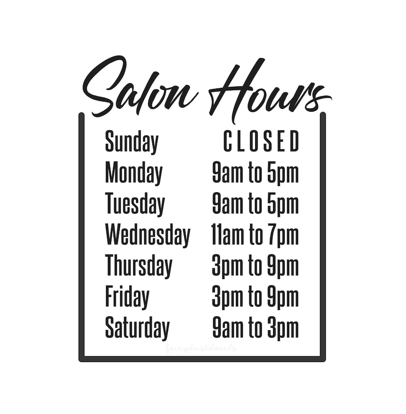 Salon Hours Decal Business Hours of Operation Sign open Etsy