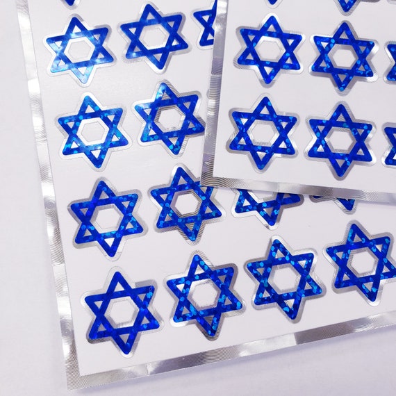 Star of David Stickers, Set of 40 Sparkly Blue and Silver Six-point Star  Stickers for Cards, Invitations, Hanukkah, Bar & Bat Mitzvah Stars. 