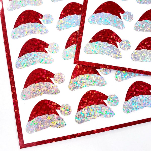 Santa Claus Hat Stickers, Set of 25 Santa Hat red glitter decals for ornaments, cards, stationery, crafts, envelopes, gift tags and bags.