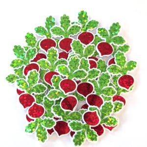 May include: A collection of red radish-shaped embellishments with green glittery leaves and white outlines. These decorative pieces are ideal for crafting projects, scrapbooking, or adding a touch of whimsy to various designs.