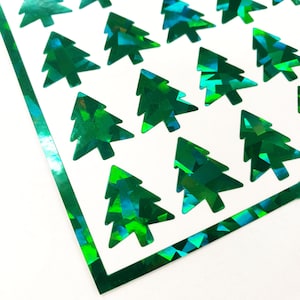 Green Pine Tree Stickers, set of 56 small Evergreen Trees, decorative vinyl decals for ornaments, gift tags, wrap and holiday crafts.