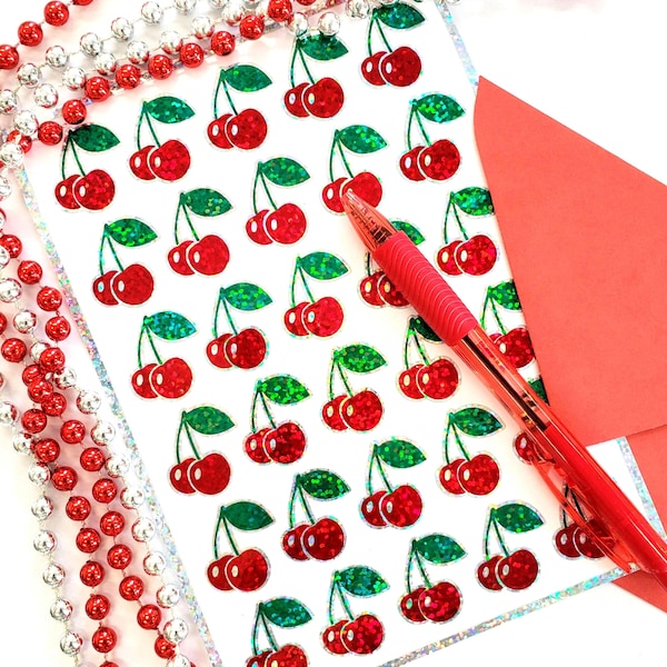 Cherry Sticker Sheet, set of 30 small sparkly retro style cherry fruit vinyl stickers for laptops, scrapbooks, cards, journals, notes.