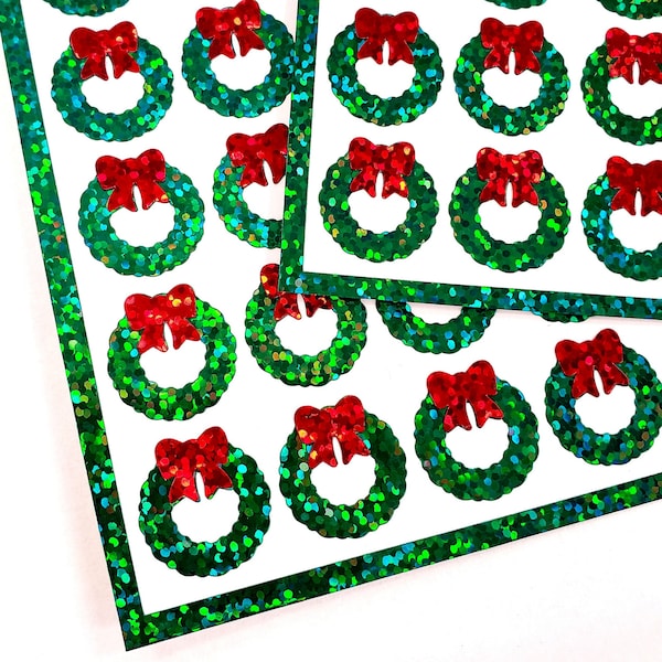 Christmas Wreath Stickers, set of 48 small green and red wreath glitter stickers for holiday decor, card envelopes, ornaments, gift tags.