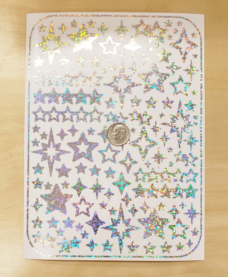 Star Stickers, set of 100 holographic toploader sticker sheets, holo deco star stickers for cardholders, envelopes, journals and photocards glitter silver