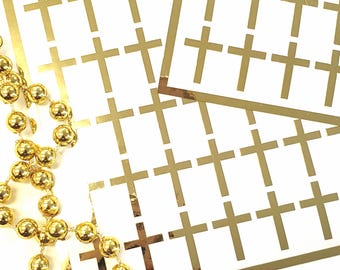 Cross Stickers, set of 64 mirror gold cross, small religious cross labels for envelopes, bible study, church group, block style, gold cross