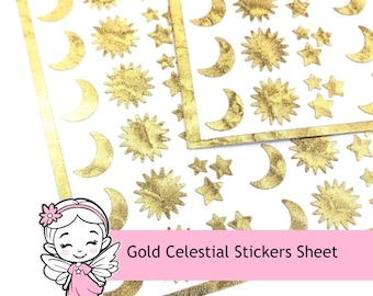 Sun Moon and Stars Sticker Sheet, set of small metallic gold vinyl decals, celestial theme stickers for envelopes, journals and place cards